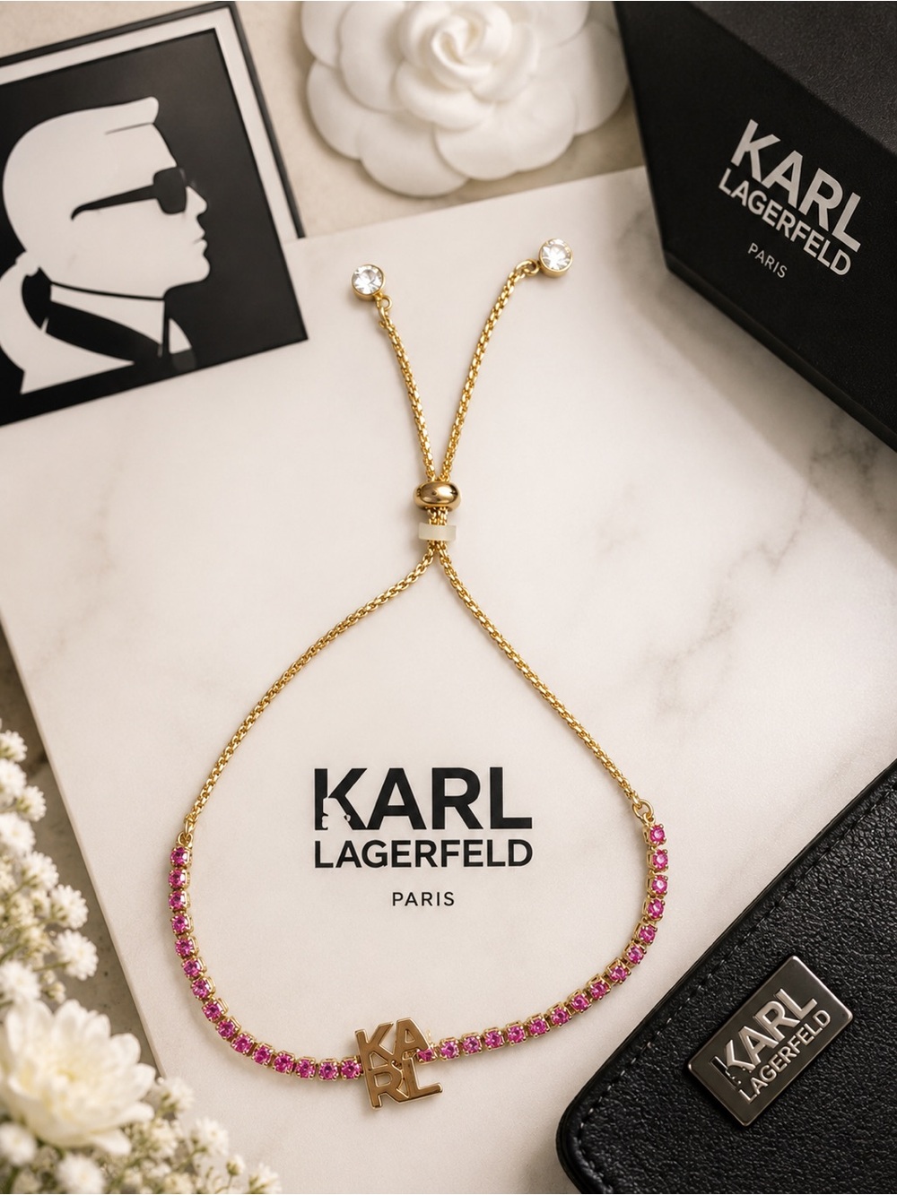 Karl Lagerfeld Gold-Tone Bracelet with Pink Stones and KARL Charm